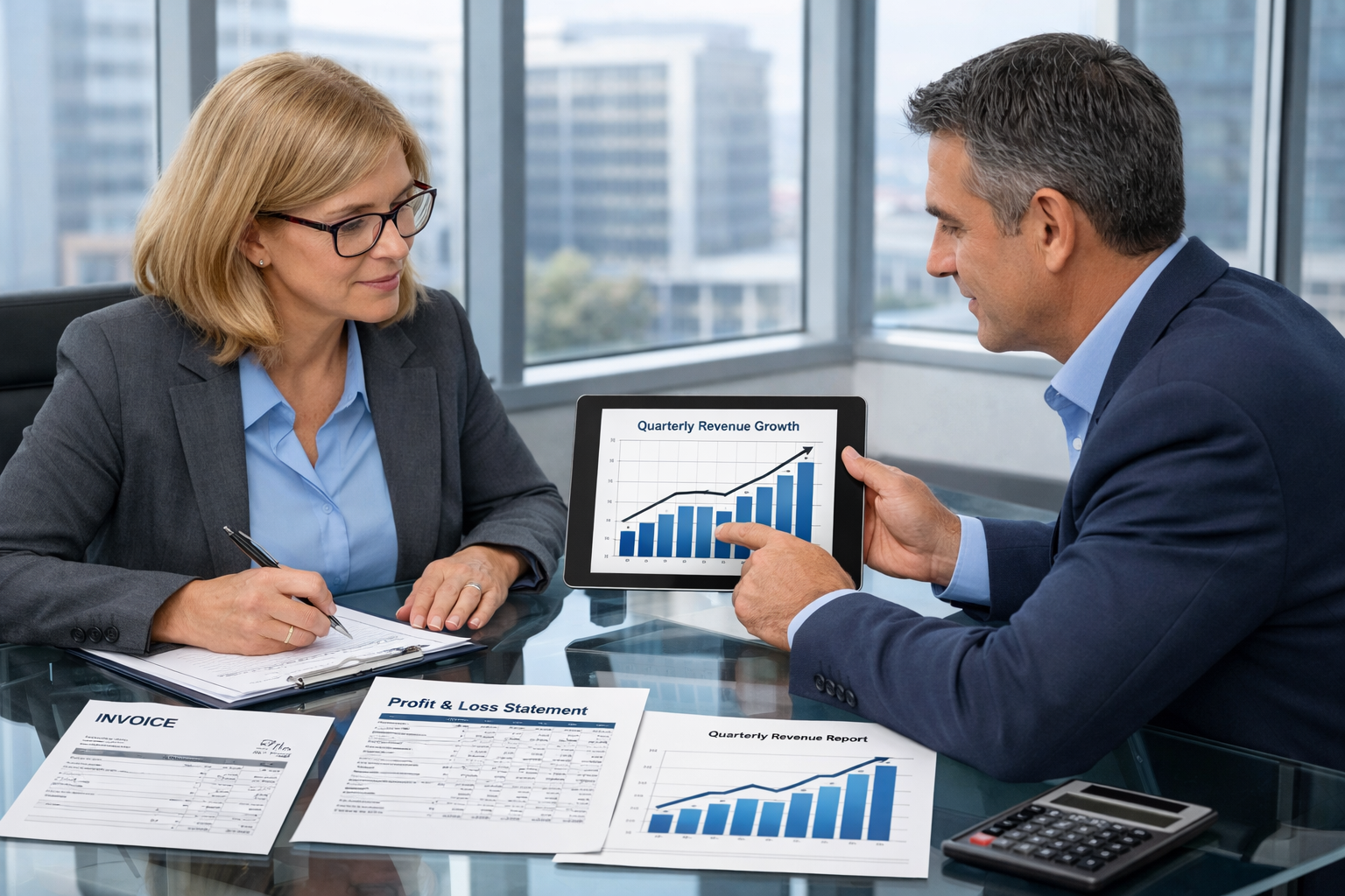 Detailed () editorial illustration showing a consultant and an accountant sitting across from each other at a glass