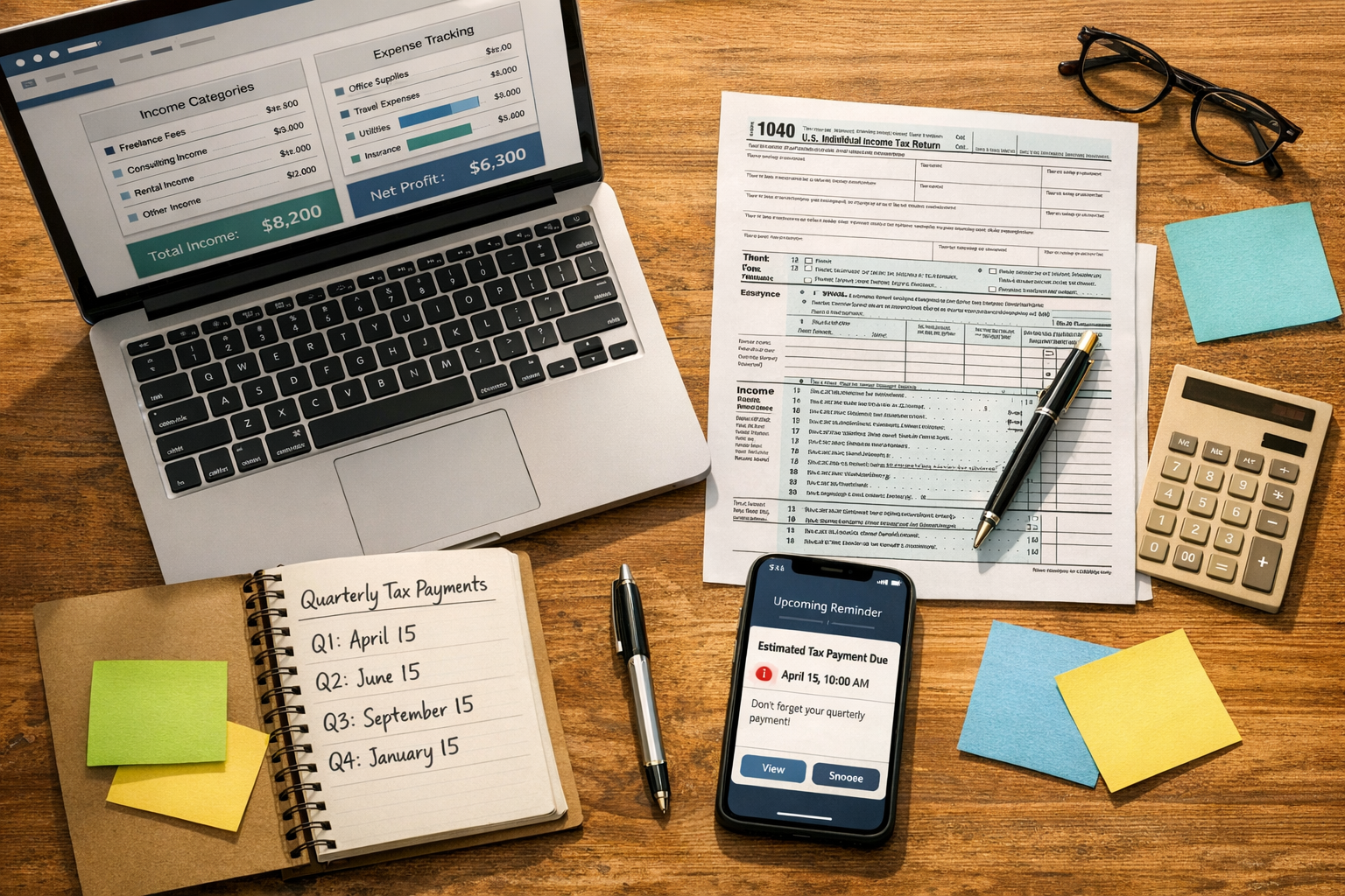 Detailed () overhead flat-lay photograph of a consultant's organized financial workspace: an open laptop showing bookkeeping