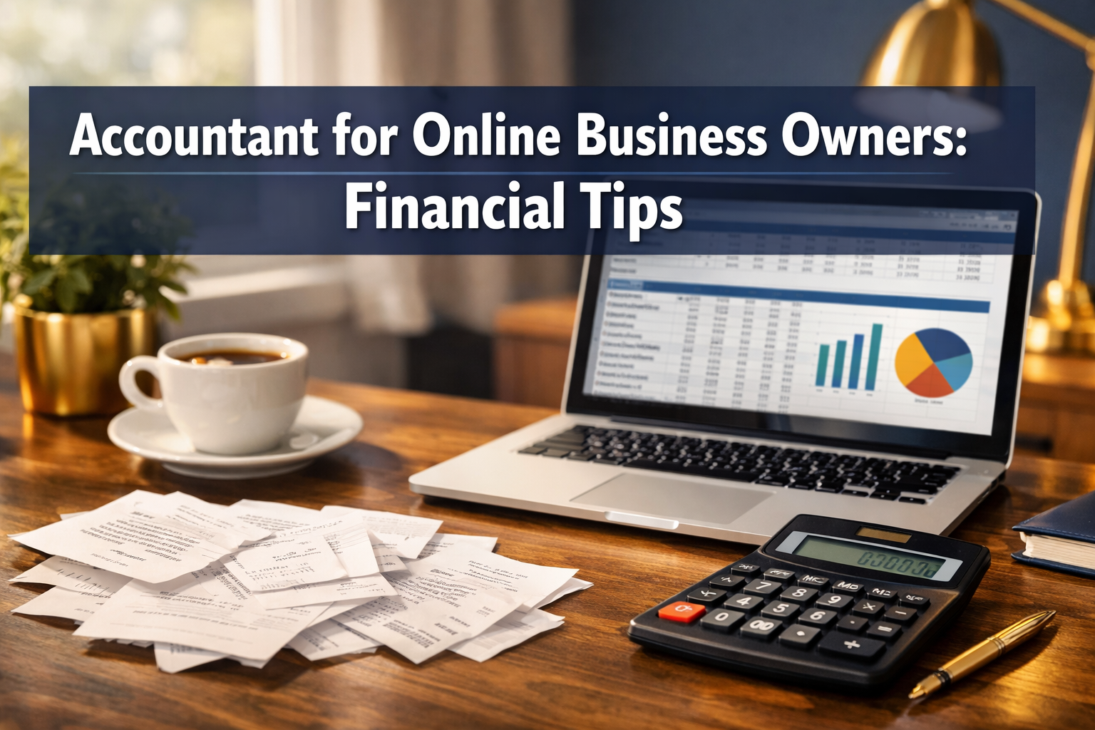 Professional () hero image with : 'Accountant for Online Business Owners: Financial Tips' in extra large white with dark and