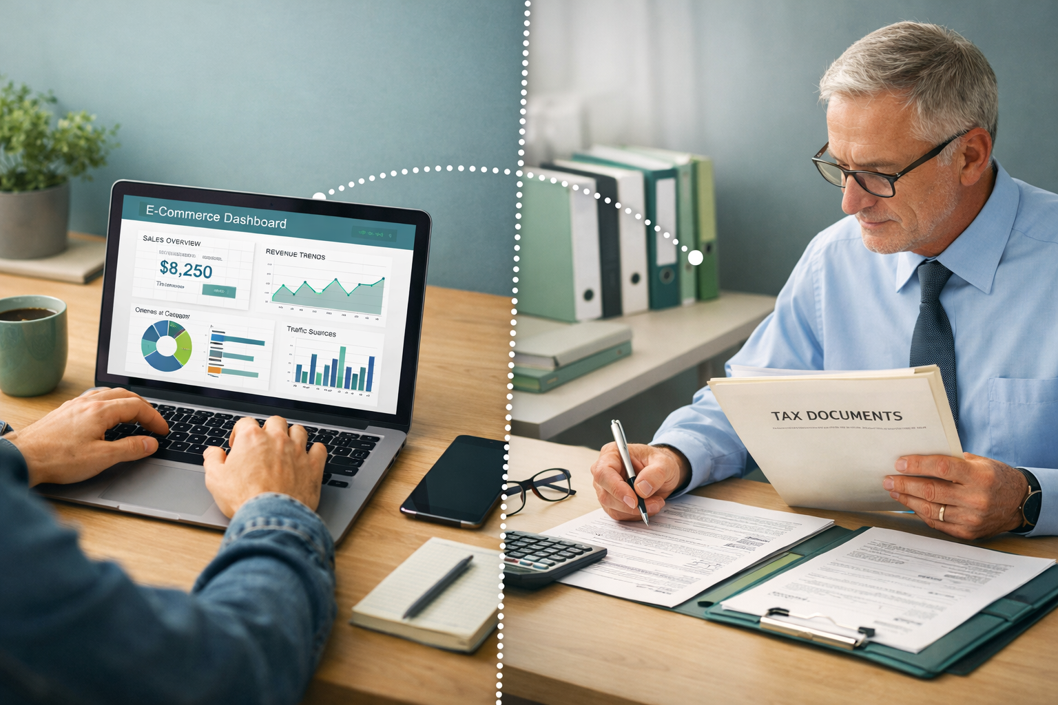 () editorial image showing a split-screen concept: on the left side a freelancer working at a laptop with ecommerce