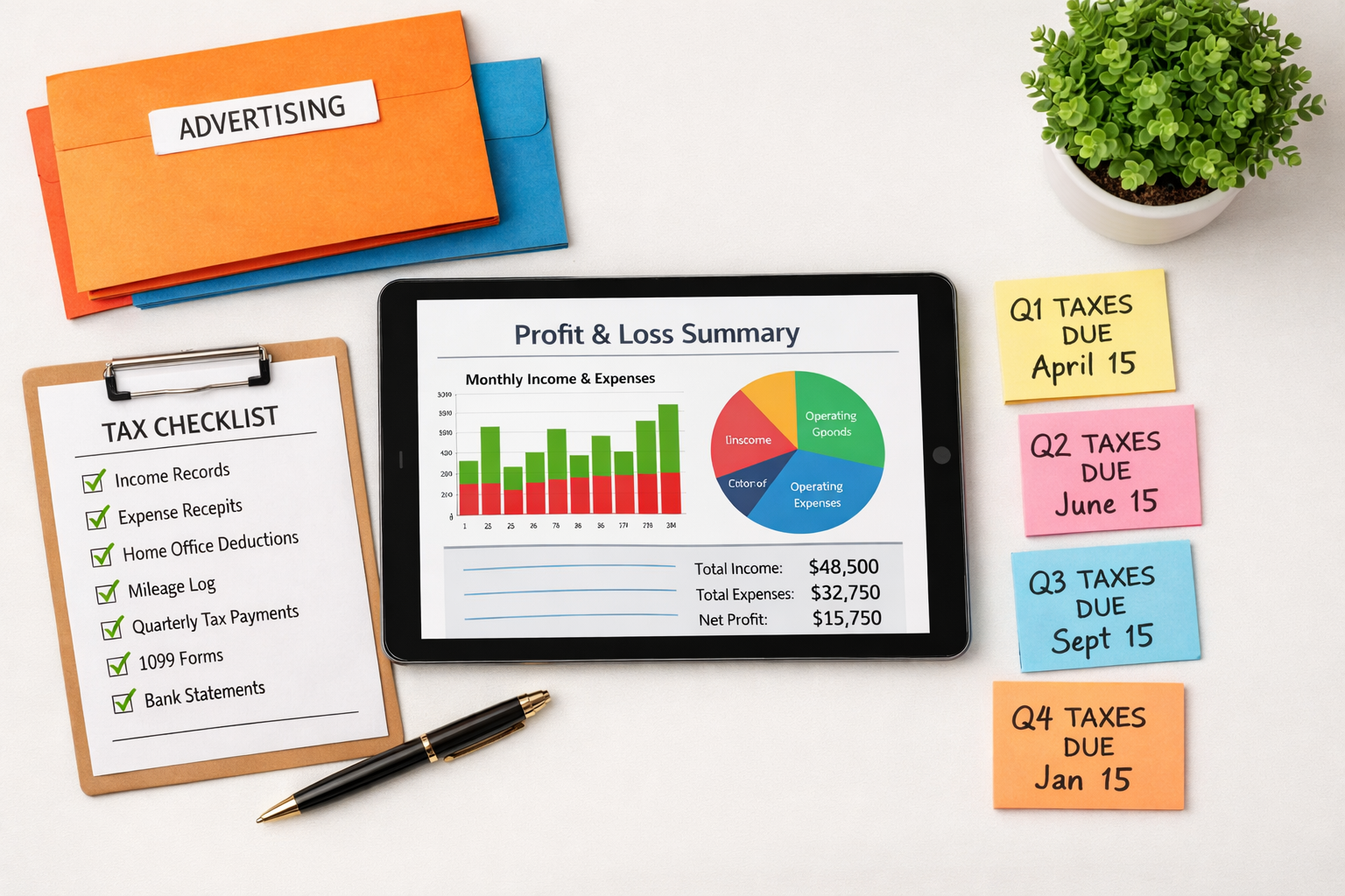 () overhead flat-lay photograph of a small business owner's organized financial workspace showing a tablet with profit and